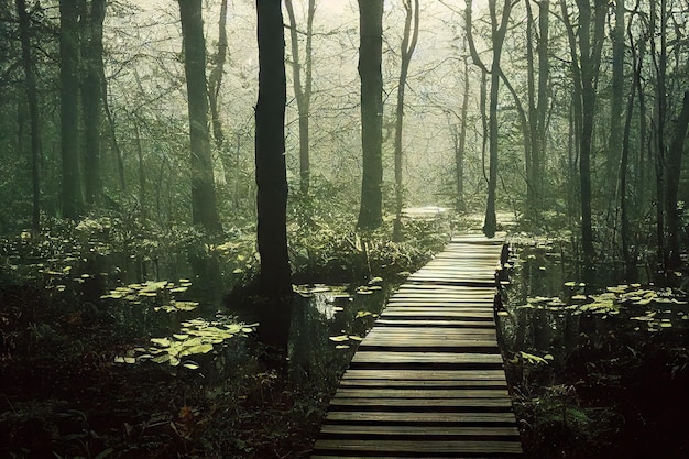 Duckboards path in forest in desert foggy forest