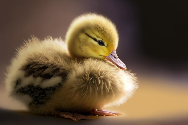 A duckling is sitting on a table.