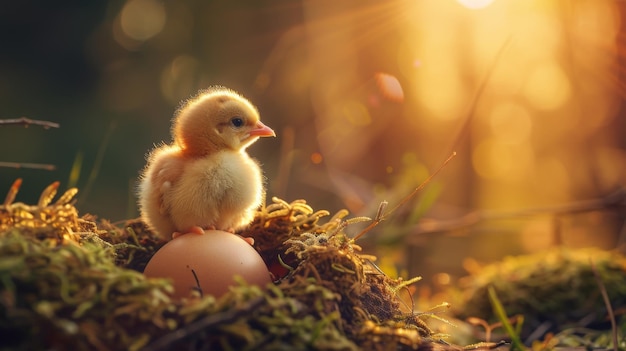 Duckling perched on egg