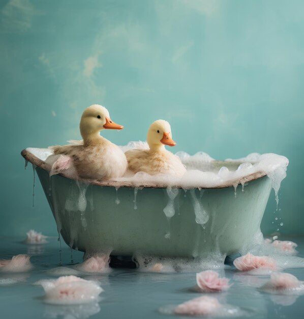 Ducklings swim in a foamy bathtub