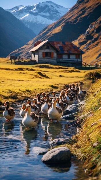 ducks are lined up in a row and one has a red roof