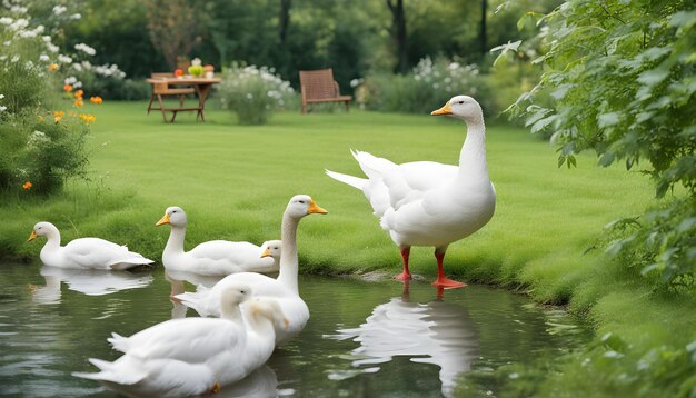 Photo ducks are standing in a pond with one duck in the water