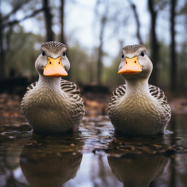 Photo ducks are standing in a wet area close to the edge of the lake