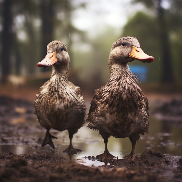 ducks are standing in a wet area close to the edge of the lake