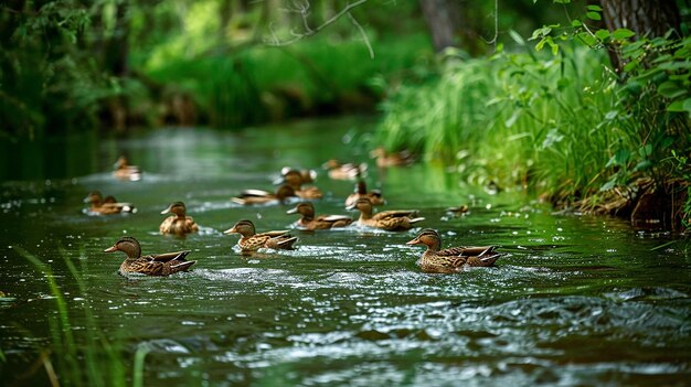 ducks are swimming in a pond with a green background