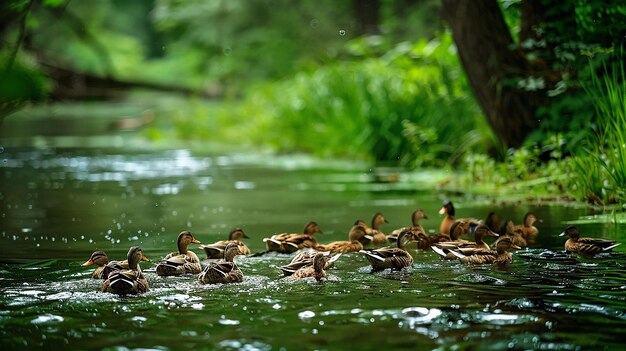 アヒルが水の中を泳いでいてアヒルの子が水中を泳いでいます