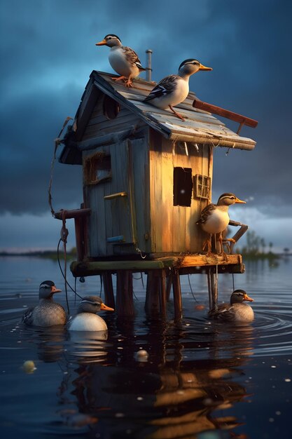 Ducks On Birdhouse Water