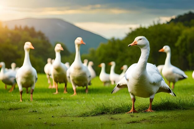 Ducks on a field of grass with a sunset in the background