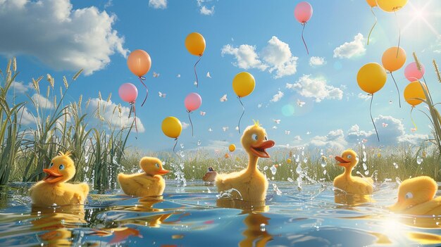 Photo ducks floating in a lake with balloons floating in the air generative ai