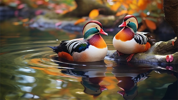 Ducks on a rock in the water with fall colors