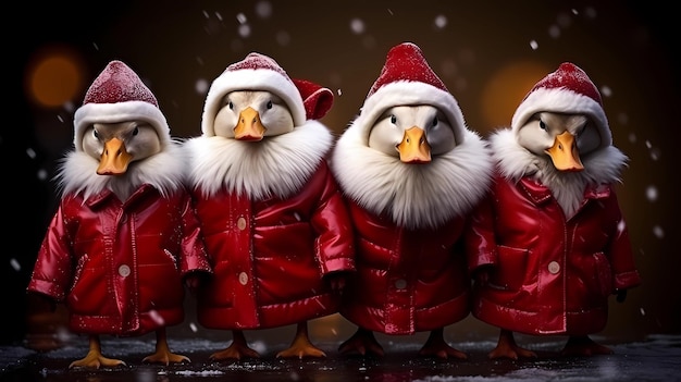 Ducks in Santa Claus coats