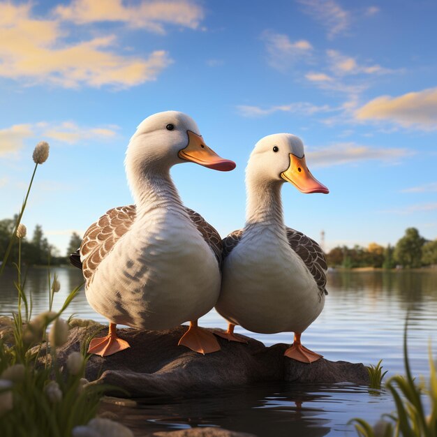 ducks standing in the grass next to a pond