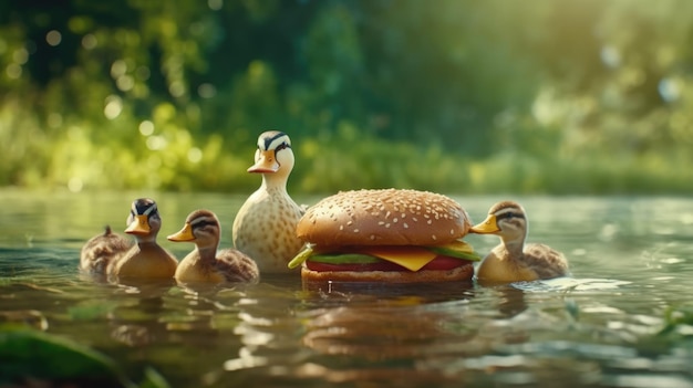 Утки плавают в воде с гамбургером и утиной семьей