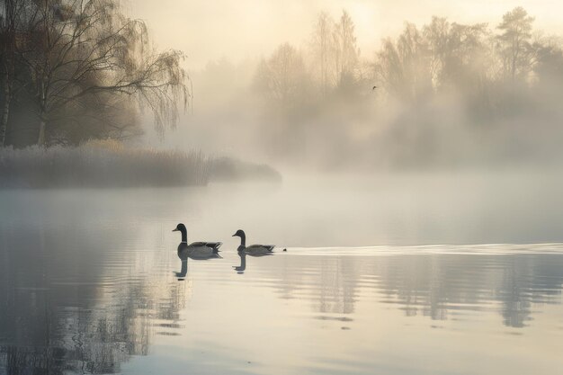 Photo ducks swimming in misty lake at dawn