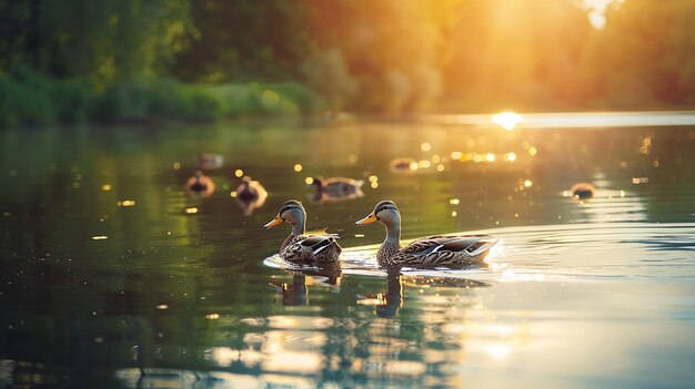 Утки плавают в пруду на закате с солнцем, сияющим на воде.