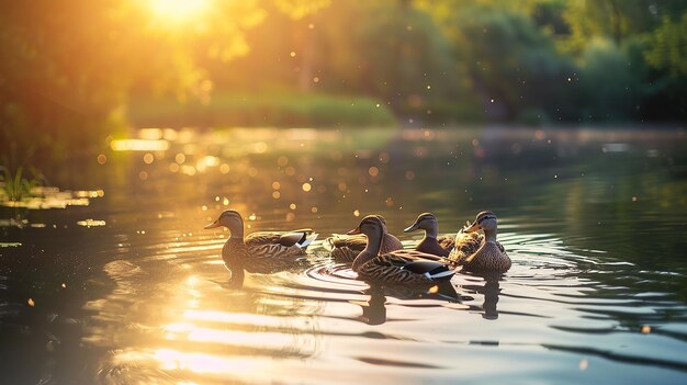 Утки плавают в пруду на закате с солнцем за ними.