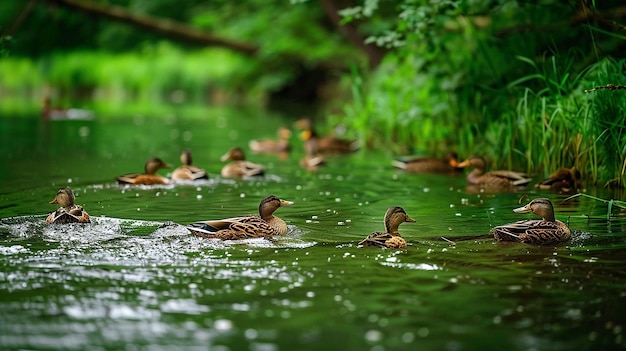 ducks swimming in a pond with one being a duckling