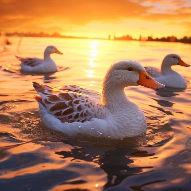 ducks swimming in a river at sunset