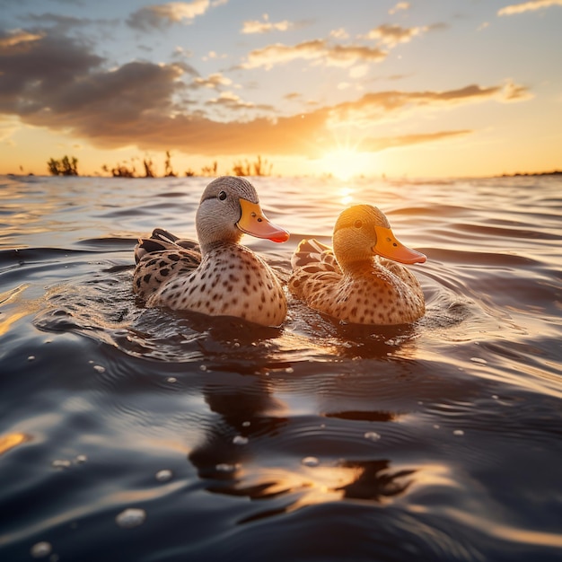 ducks swimming in a river at sunset