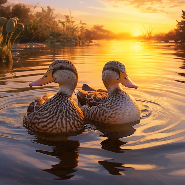 Photo ducks swimming in a river at sunset