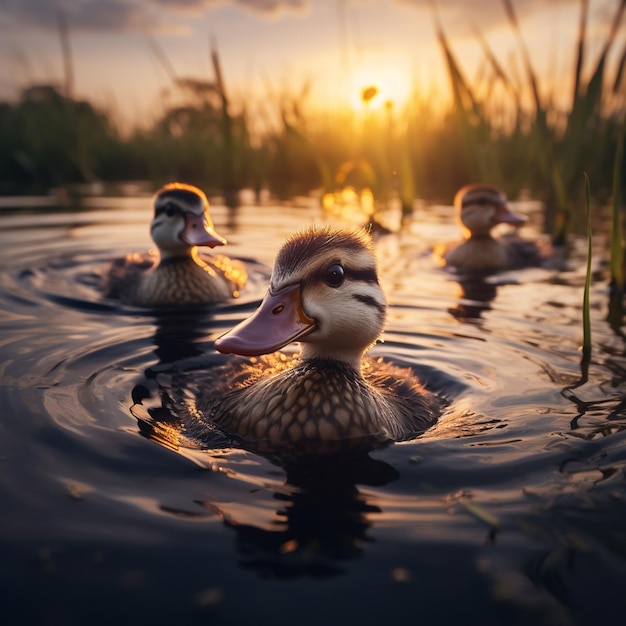 ducks swimming in a watery area at sunset