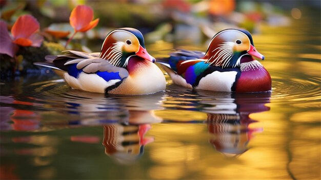 Ducks in the water with leaves in the background