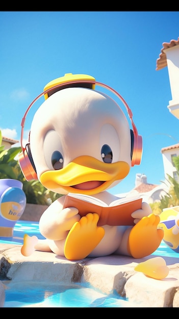 Ducky with headphones sitting on a rock in a pool generative ai