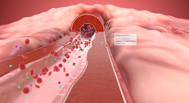 Due to increase of sodium and aldosterone in the blood artery constrict