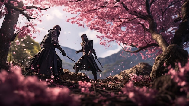Duel van samurai krijgers met zwaarden in de tuin van sakura bloesem