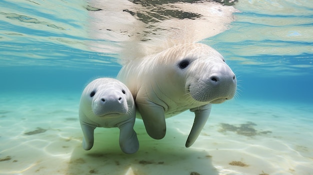 Dugong Mother Teaches Baby to Swim