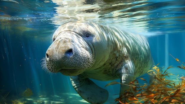 Dugong swimming underwater with seagrass photo realistic AI generated