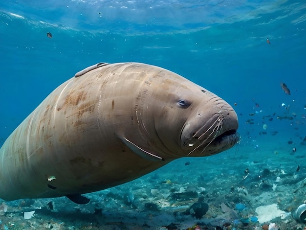 Foto dugong subacqueo immersione in mare aperto uomo spazzatura plastica inquinamento ecosistemi pesci morti mari