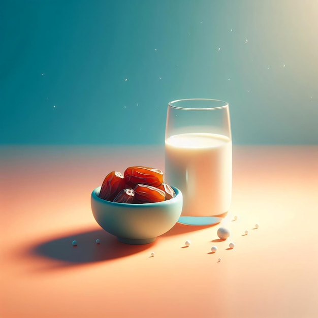 Duidelijke achtergrond 3D glas melk en dadels betekenen Ramadan fastbreaking zachte gloed