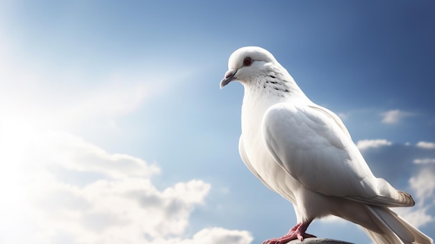 Duif zittend op een tak met blauwe lucht en wolken achtergrond International Peace Day Concept