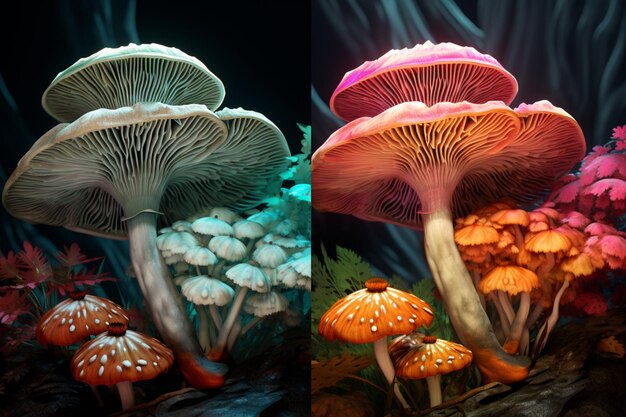 Duik in de psychedelische wereld van decoratieve paddenstoelen in een kunstzinnig beeld