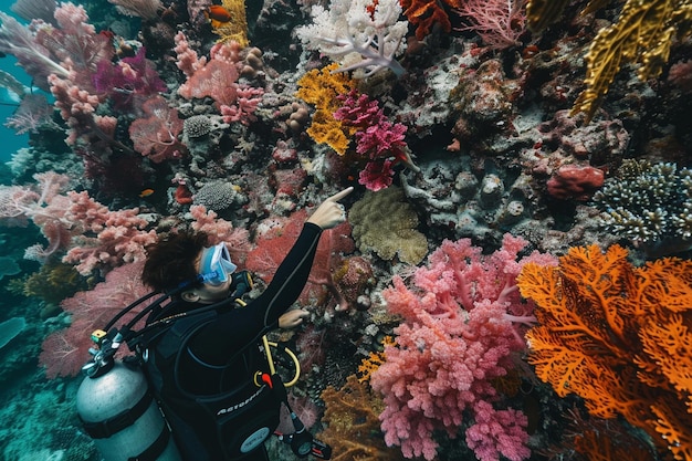 Foto duiker wijst naar een reeks kleurrijke koraal generatieve ai