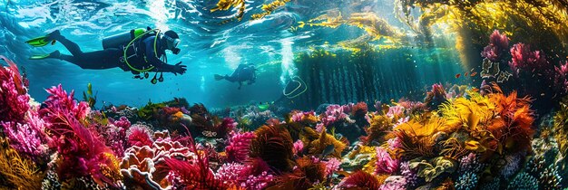 Duikers oogsten kleurrijke zeewier en verbouwen onderwatergewassen die een voorbeeld zijn van duurzame aquacultuur.