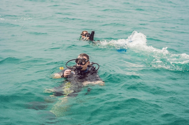 Duikers op het wateroppervlak klaar om te duiken