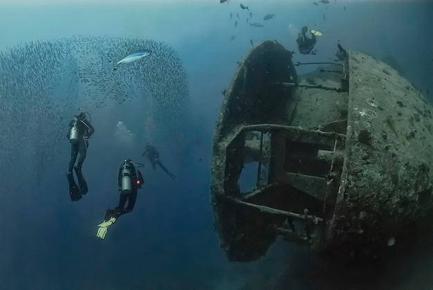 Foto duikers zwemmen naast de legendarische ss thistlegorm, een schipbreuk uit de tweede wereldoorlog in de rode zee.