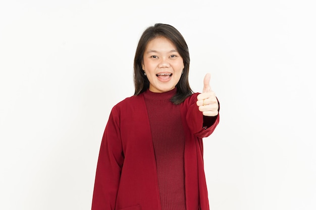 Duimen Omhoog Van Mooie Aziatische Vrouw Die Rood Shirt Dragen Geïsoleerd Op Een Witte Achtergrond