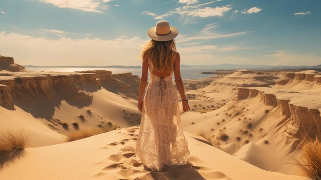 Duinen bij de zee vrouw in een hoed