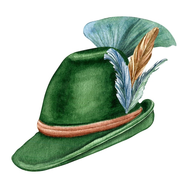 Duitse groene hoed en veren aquarel illustratie geïsoleerd op een witte achtergrond
