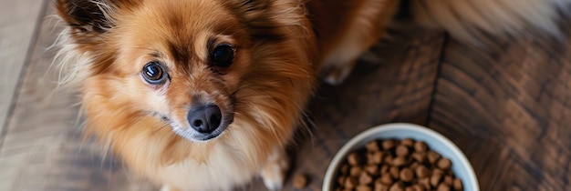 Duitse spitz gezien van boven naast een schaal met eten thuis