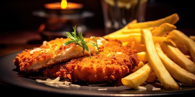 Duitse traditionele maaltijd schnitzel en gebakken aardappelen friet en salade op bord