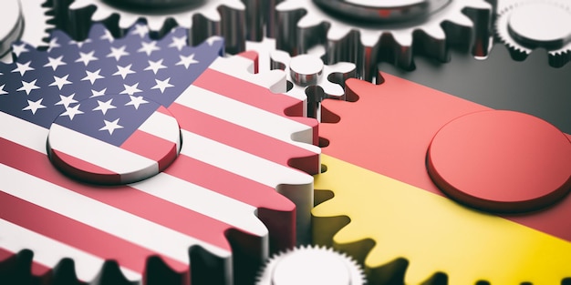 Duitsland en de VS van Amerika vlaggen op metalen tandwielen 3d illustratie