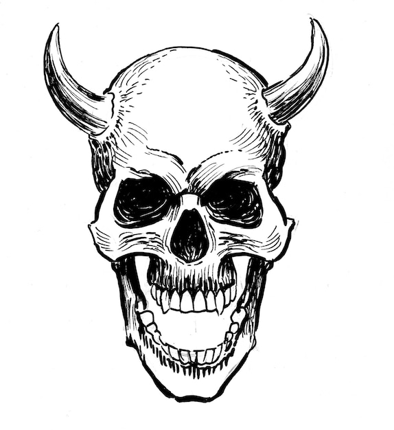 Duivels schedel. Inkt zwart-wit tekening