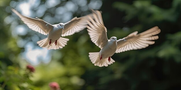 Foto duivenpaar vliegt.