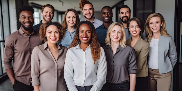 Duizendjarige diverse zakencollega's onder leiding van een zwarte baas die poseert voor de camera in het kantoorpanorama