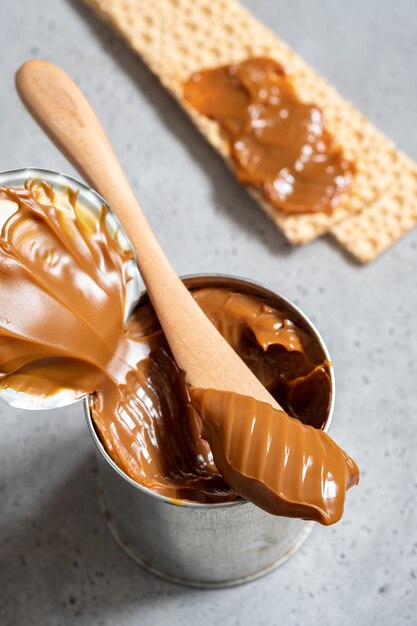 Dulce de leche, caramel condensed milk in a tin can