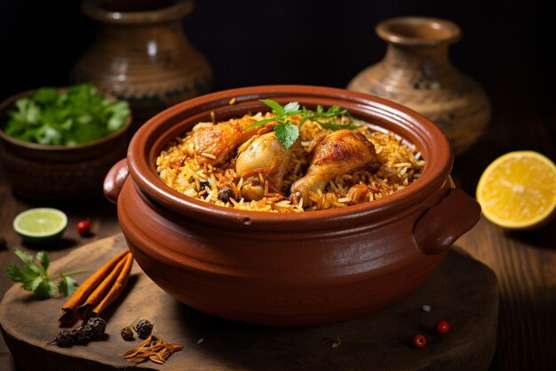 Photo dum handi chicken biryani is prepared in an earthen or clay pot called haandi popular indian non ve